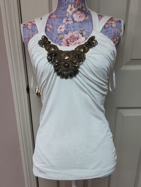 Cache White Halter Camisole with Ornate Gold-tone Embroidery